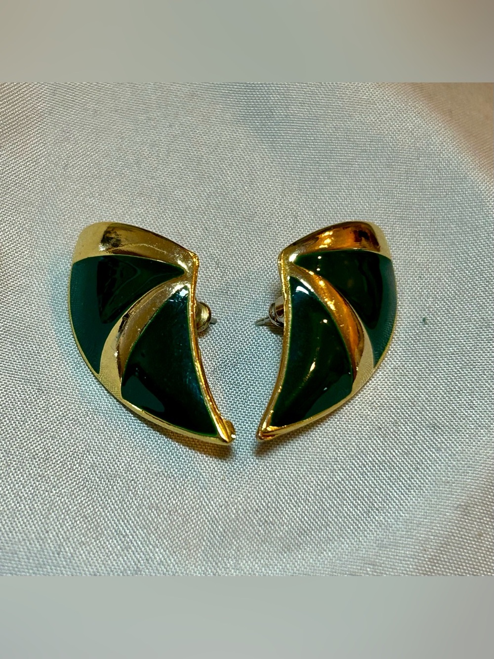 Monet Vintage Gold and Dark Green Enamel Half-Moon Clip Earrings - Women Jewelry